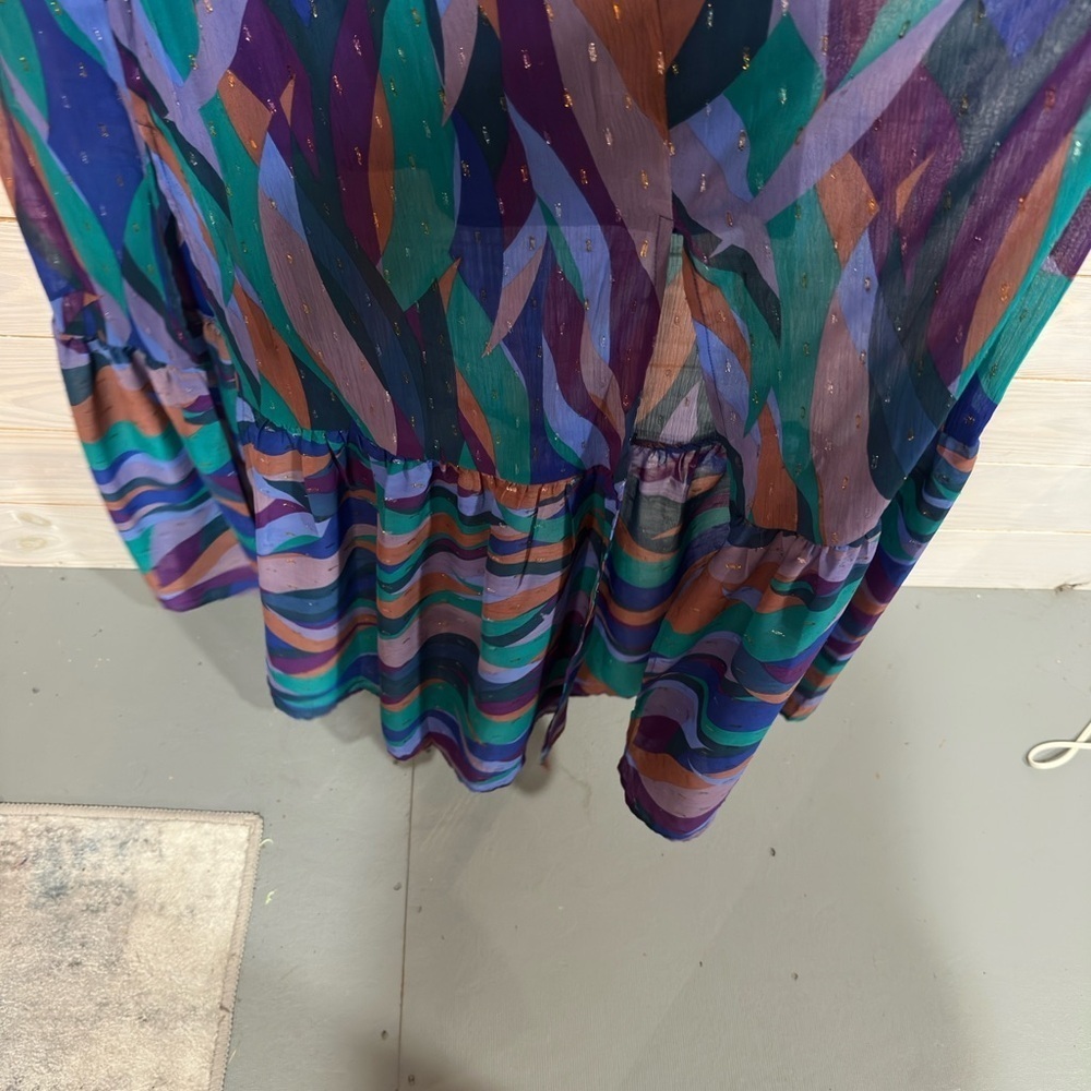 Blue and Green Long Sleeve Sundress with V-Neck - Picture 6 of 8
